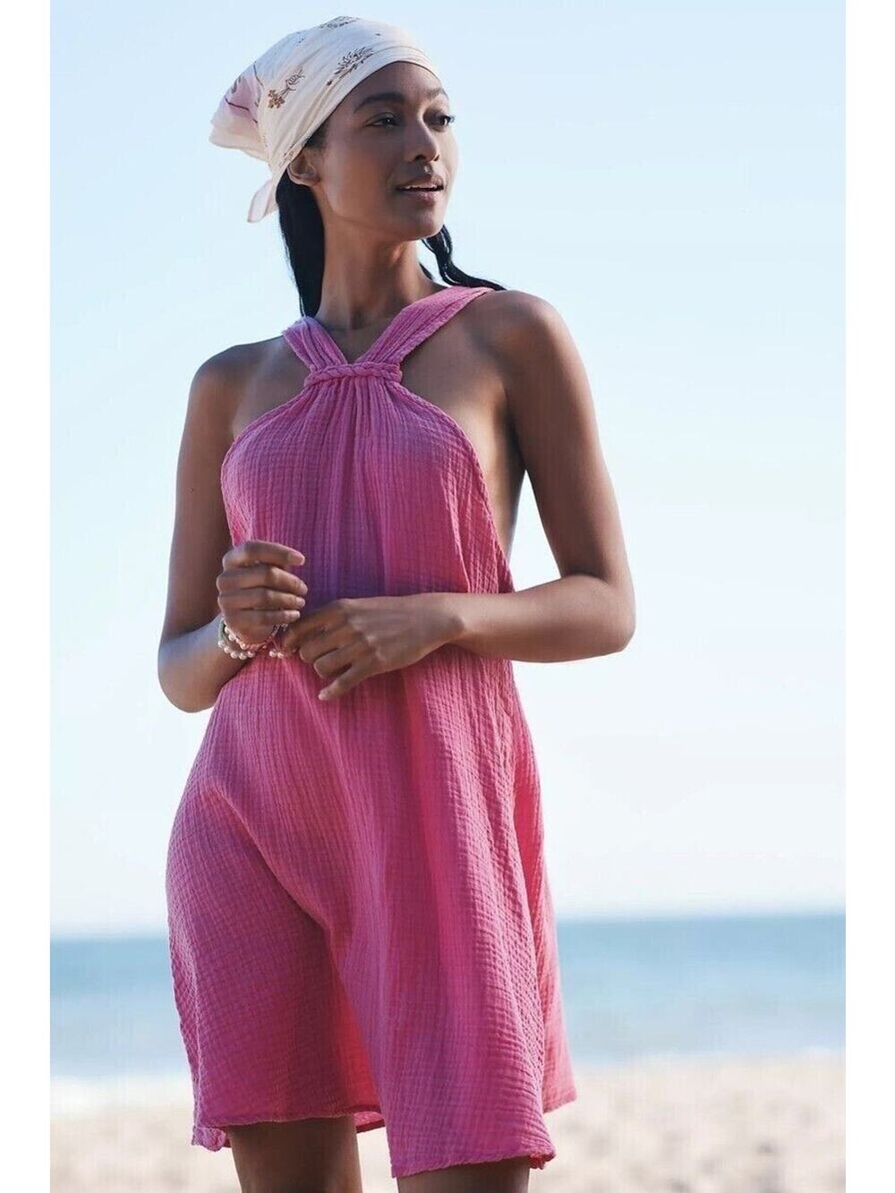 Anthropologie Pink Braided Halter Neck Sleeveless Mini Cami Beach Summer Dress S